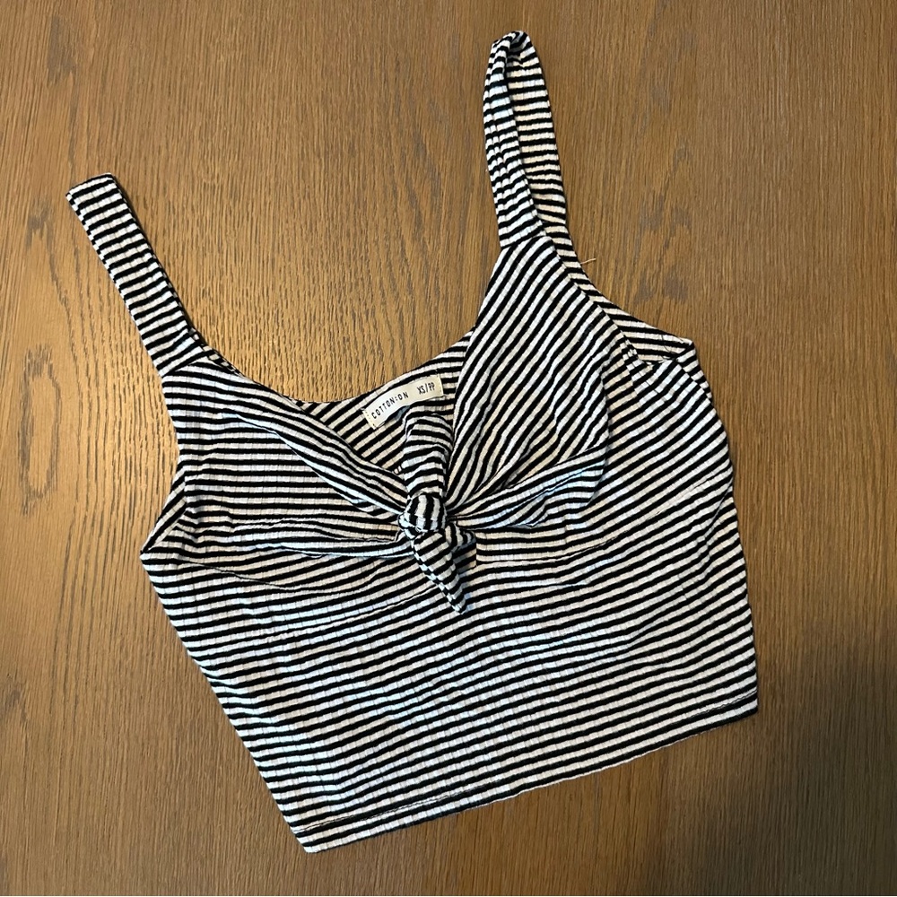 Cotton On Striped Knot-Front Crop Tank Top - Black & White